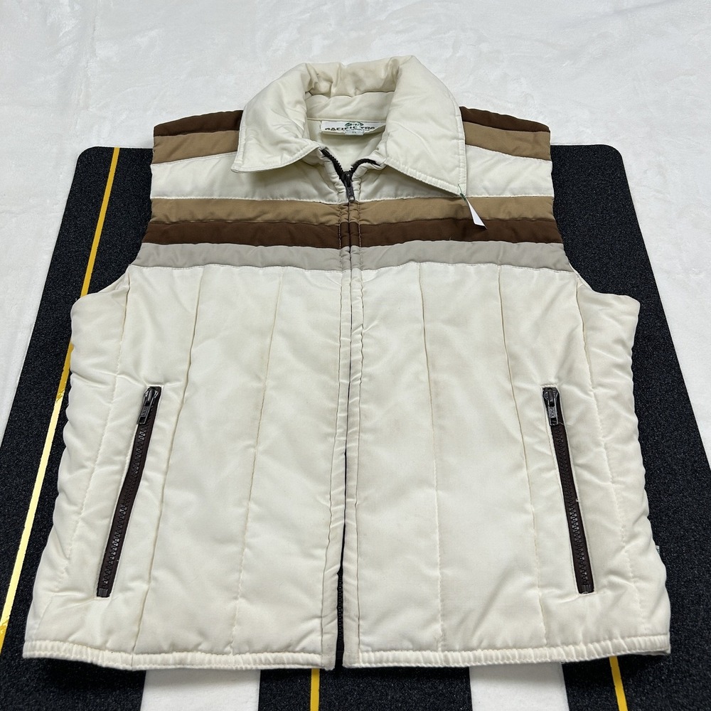 Pacific Trail Puffer Vest Mens M White Brown‎ Tan Striped Vintage Quilted Zip